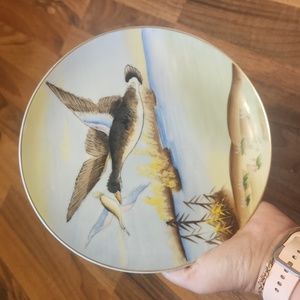 Vintage Japanese Porcelain Handpainted Dislay Plate Flying Ducks Over Water